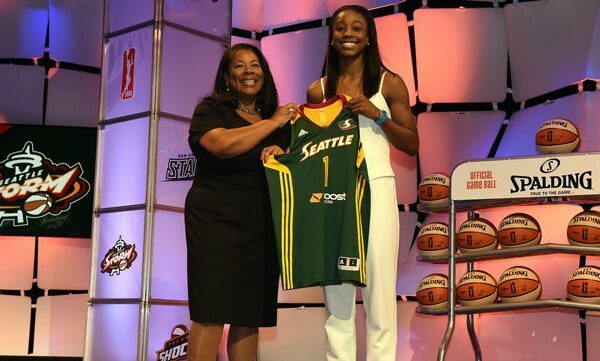 WNBA president Laurel Richie and Jewell Loyd. Photo: Brian Babineau/NBAE/Getty Images.