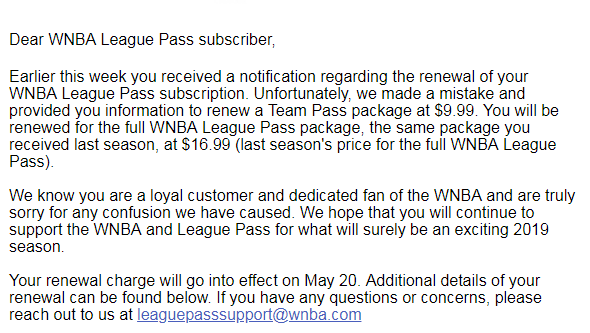 WNBA makes pricing mistake with League Pass renewal