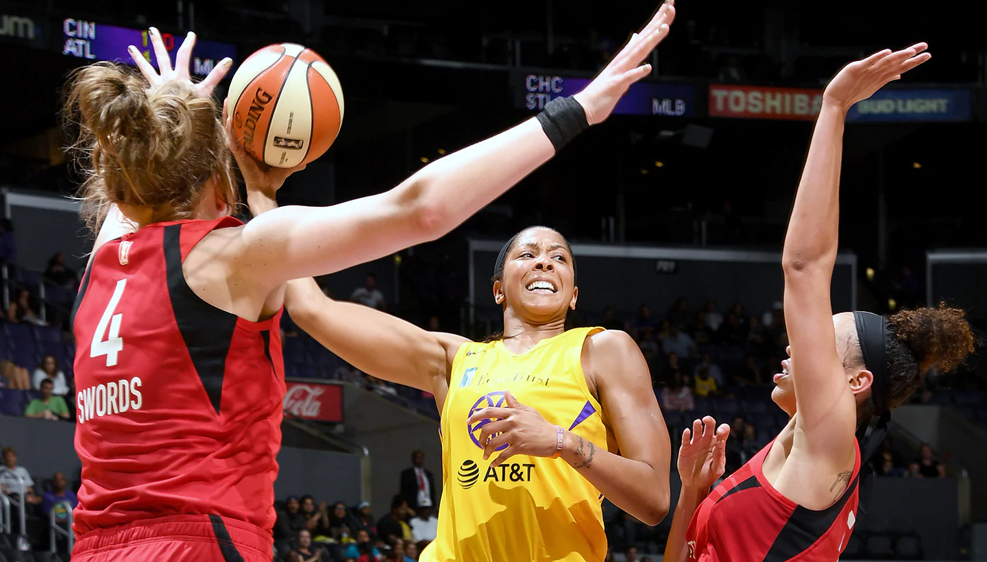 Los Angeles Sparks center Liz Cambage brings the ball up court