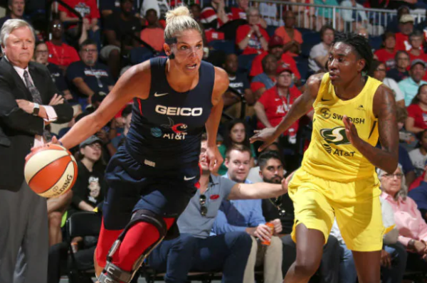 Aug. 14, 2019 - Elena Delle Donne and Natasha Howard. Photo: NBAE/Getty Images.