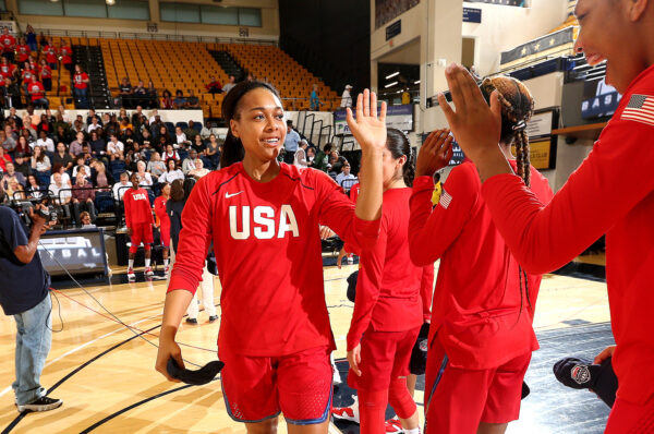 WASHINGTON, DC - SEPTEMBER 10: Allisha Gray #31 of the USA National Team high-fives A'ja Wilson #30 of the USA National Team before the game against the Japan National Team on September 10, 2018 at the Charles E Smith Center at George Washington University in Washington, DC. NOTE TO USER: User expressly acknowledges and agrees that, by downloading and/or using this Photograph, user is consenting to the terms and conditions of the Getty Images License Agreement. Mandatory Copyright Notice: Copyright 2018 NBAE (Photo by Ned Dishman/NBAE via Getty Images)