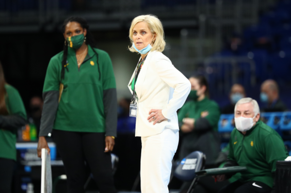 SAN ANTONIO, TX - MARCH 29: Baylor head coach Kim Mulkey, Baylor vs. UConn in the Elite Eight round of the 2021 NCAA Women’s Basketball Tournament at Alamodome on March 29, 2021. (Photo by C. Morgan Engel/NCAA Photos via Getty Images)