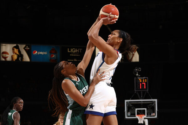 LAS VEGAS, NV -  JULY 18: A'ja Wilson #9 of the USA Women's National Team shoots the ball during the game against the Nigeria Women's National Team on July 18, 2021 at Michelob ULTRA Arena (Photo by Ned Dishman/NBAE via Getty Images, Copyright NBAE)