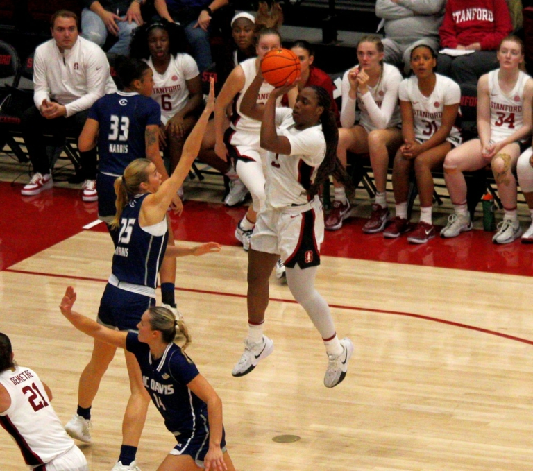 Stanford, CA – November 13, 2024. Stanford sophomore forward Nunu Agara shoots over UC Davis.