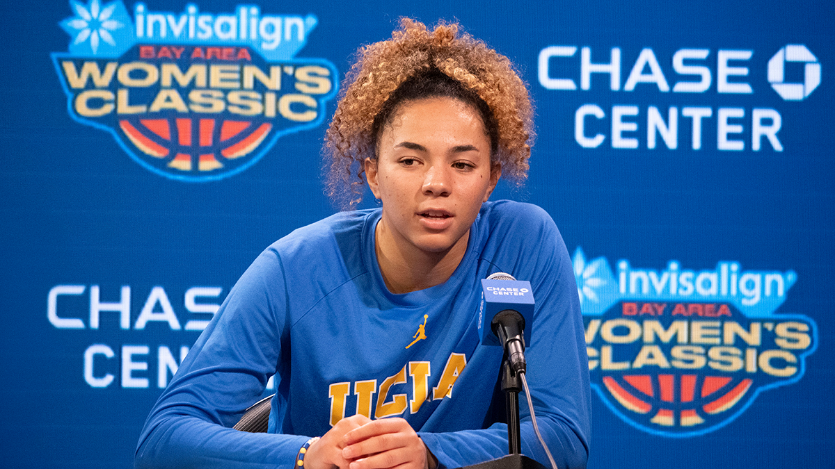 SAN FRANCISCO – December 20, 2024.  UCLA's Kiki Rice postgame after UCLA defeated Creighton 70-41.