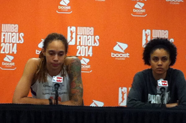 PHOENIX (Sept. 7, 2014) - Brittney Griner and Candice Dupree after game 1 of the 2014 WNBA Finals.