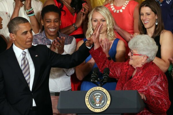 WASHINGTON, DC (June 14, 3013) - President Barack Obama gives a high five to head coach Lin Dunn during a visit to the White House to recognize the 2012 WNBA Champions Indiana Fever. Photo: Ned Dishman/NBAE.